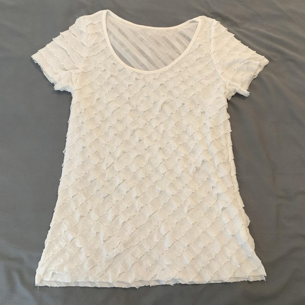 White Ruffle Textured Shirt Womens Large Sheer Short Sleeve Scoop Neck Top USA